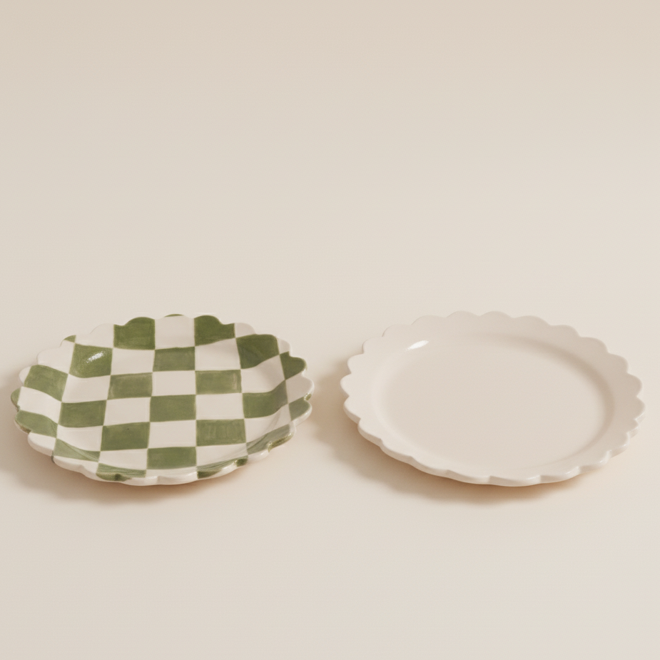 Poesy Ceramics Scallop Plate in Green Check or Cream
