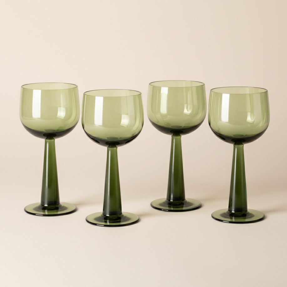 Four green wine glasses on a beige background