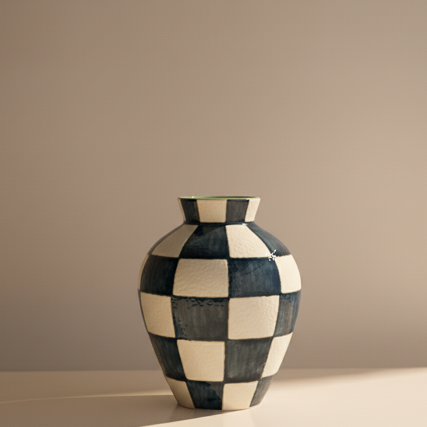 Bloomingville Hand Painted Check Vase in Turquoise