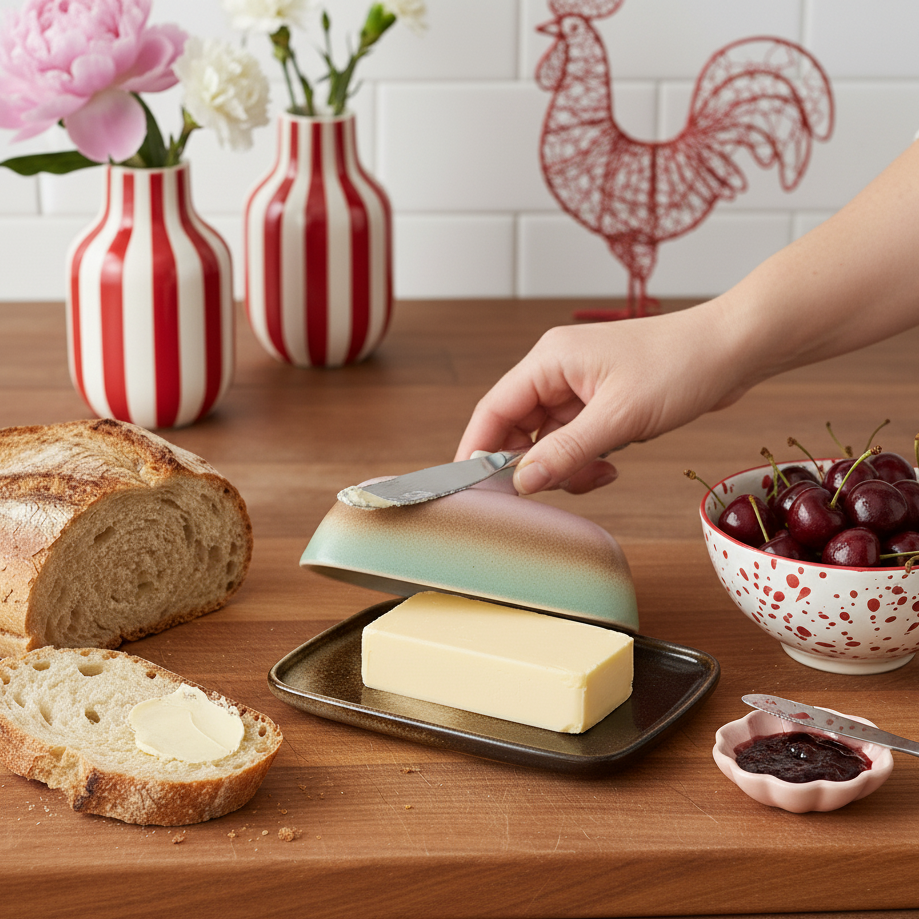 Butter being spread on bread with a decorative butter dish, surrounded by bread, cherries, and flowers.