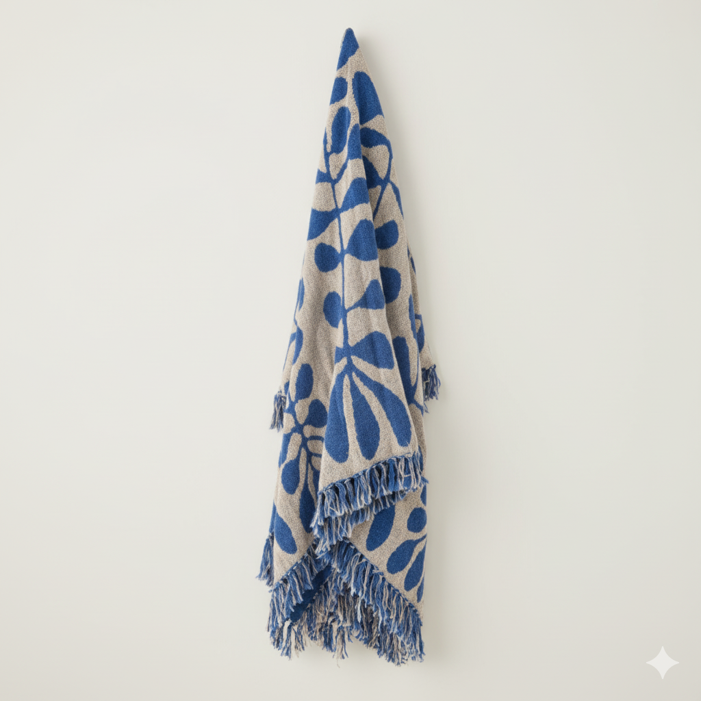 Blue and beige patterned blanket with fringes on a white background
