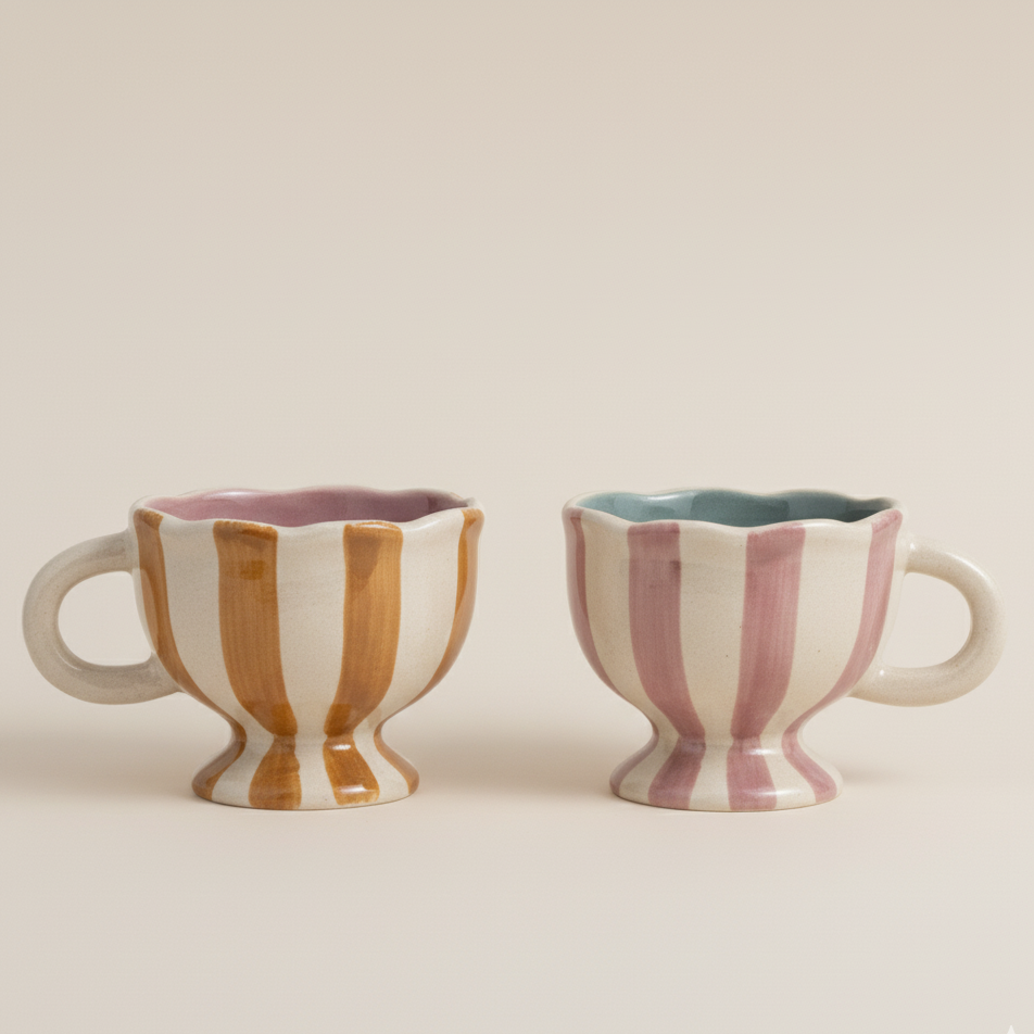 Two ceramic cups with striped patterns on a beige background