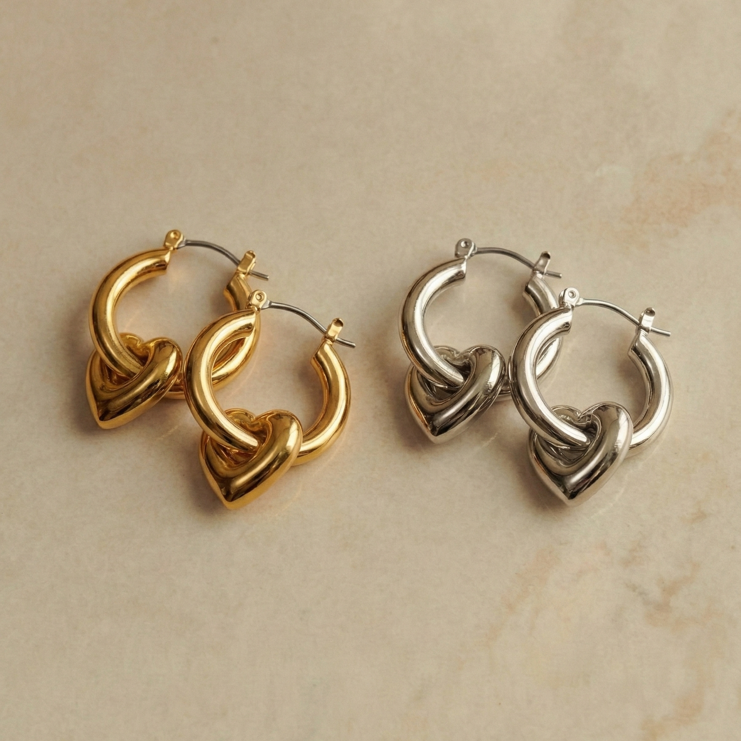 Big Metal London Gemma Heart Drop Hoop Earrings in Silver or Gold