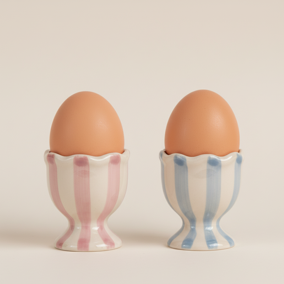 Two eggs in striped ceramic egg holders on a beige background