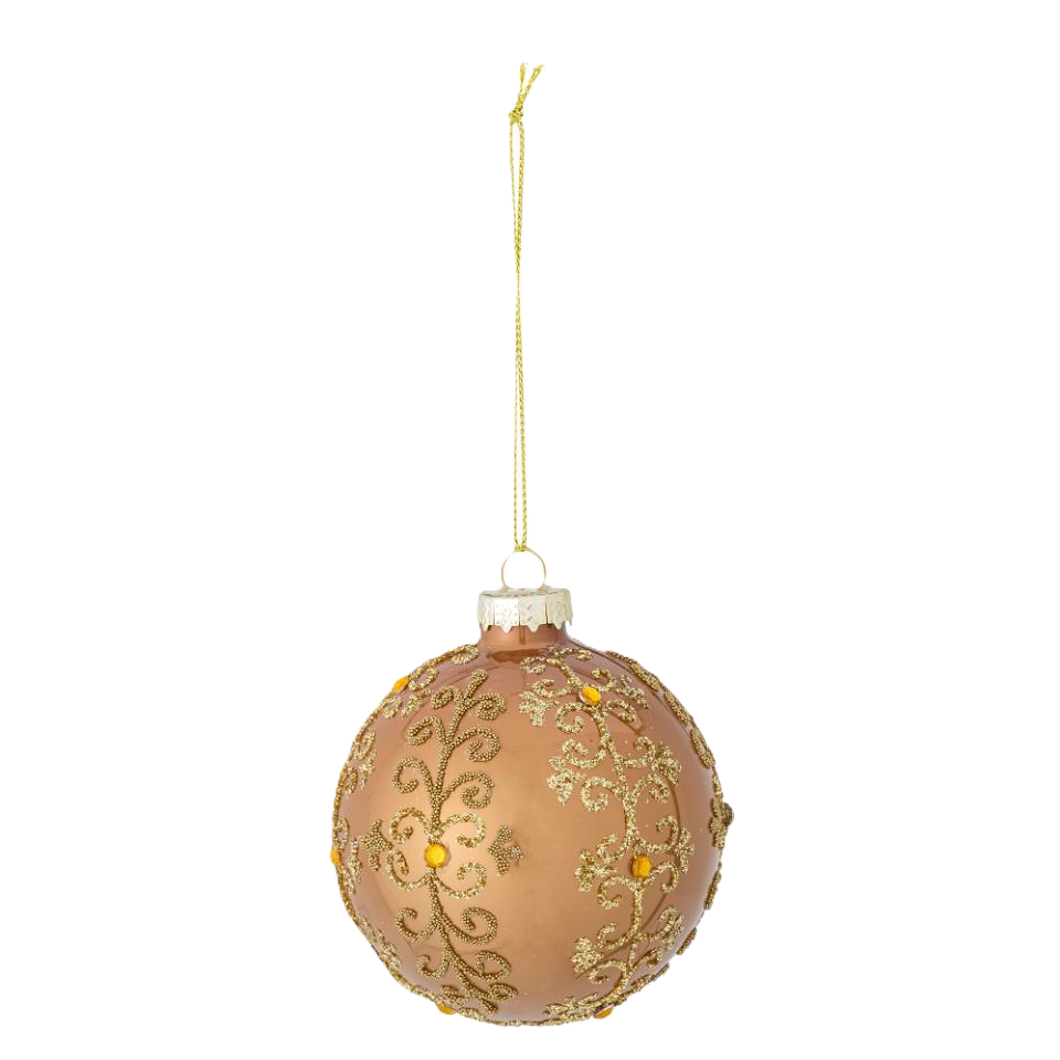 A gold-colored glass Christmas bauble with embossed pattern and glitter details, hanging from a ribbon.