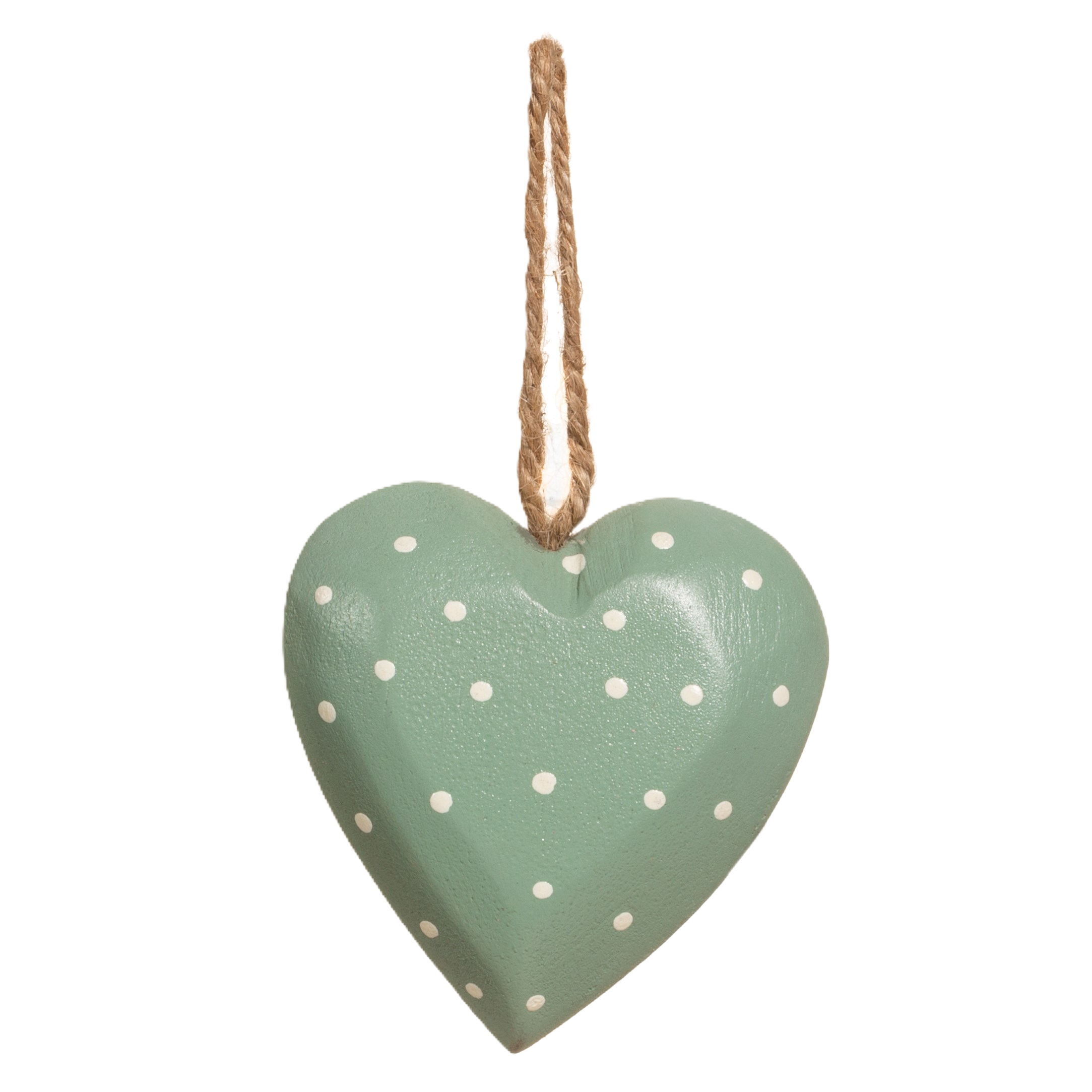 A green heart-shaped wooden decoration with white polka dots and a wooden rope hanging at the top.