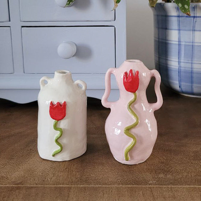 Handmade Ceramic Bud Vases white with red tulip and pink with red tulip