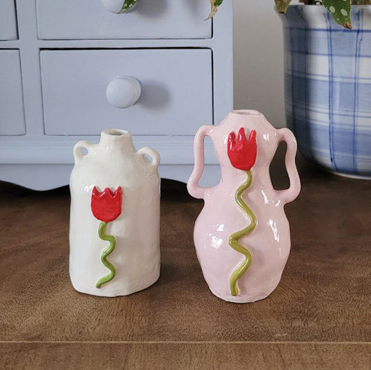 Handmade Ceramic Bud Vases white with red tulip and pink with red tulip