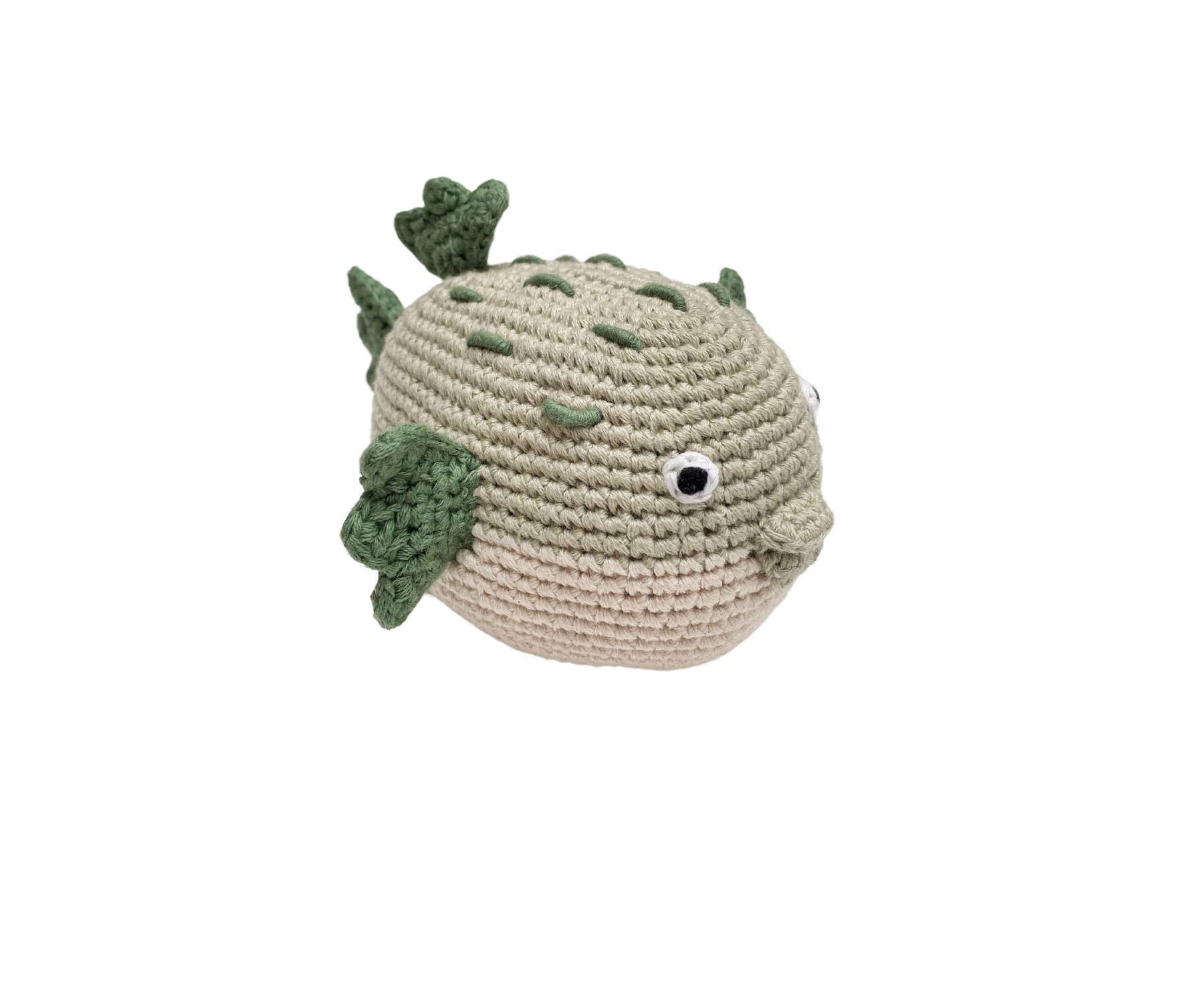 Handmade Crochet Puffa Fish Rattle for babies displaying with a white background.