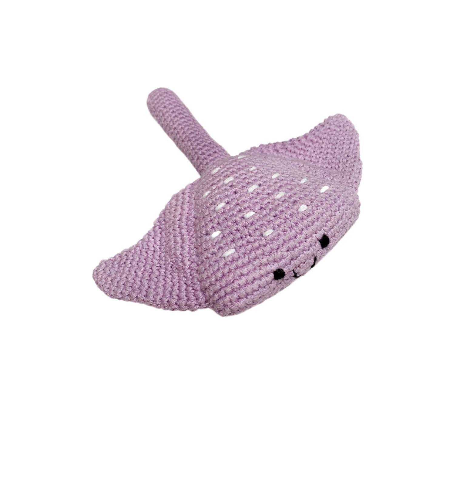 Handmade Crochet Stingray Baby Rattle displaying on a white background.