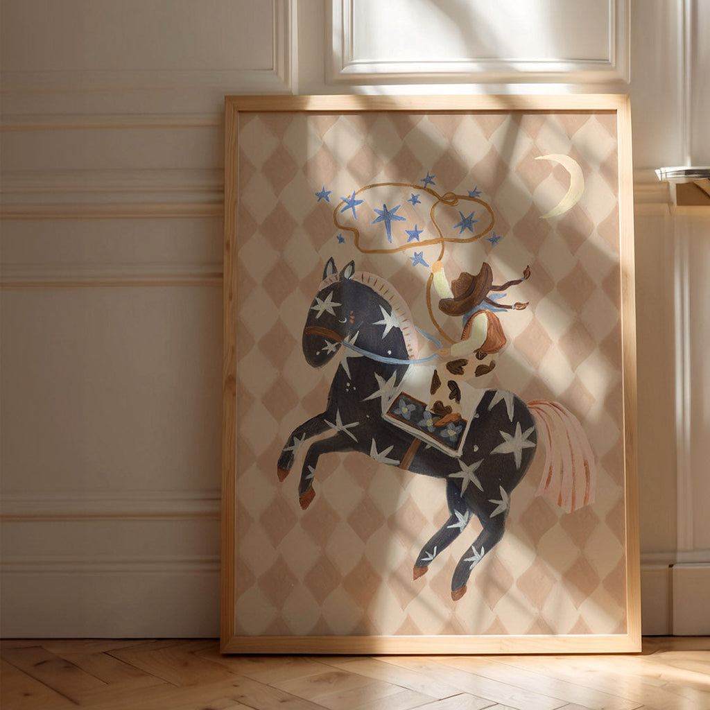 Framed artwork of a horse with star patterns on a wall.