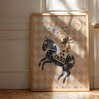 Framed artwork of a horse with star patterns on a wall.