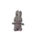 Grey Corduroy Miffy Keyring standing 10cm high, with a ring between its ears for hanging.
