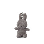 Grey Corduroy Miffy Keyring standing 10cm high, with a ring between its ears for hanging.