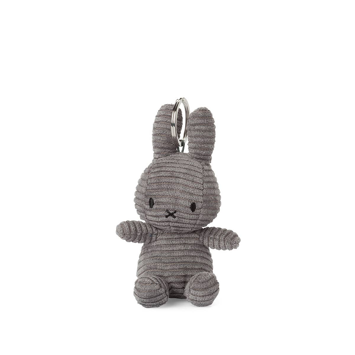 Grey Corduroy Miffy Keyring standing 10cm high, with a ring between its ears for hanging.