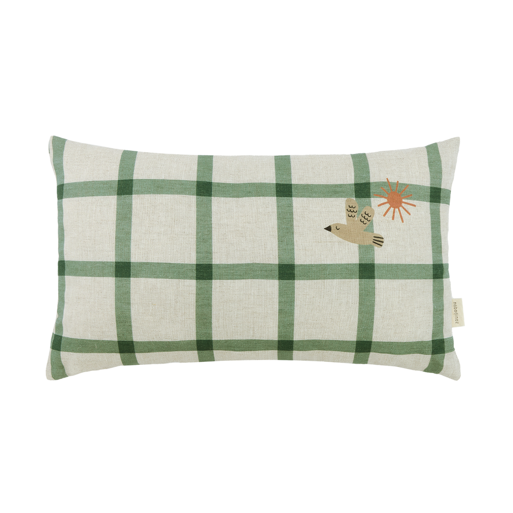 Nobodinoz Green Birds Linen Cushion in a cream and green check.  Displaying a green bird flying under a sun.