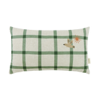 Nobodinoz Green Birds Linen Cushion in a cream and green check.  Displaying a green bird flying under a sun.
