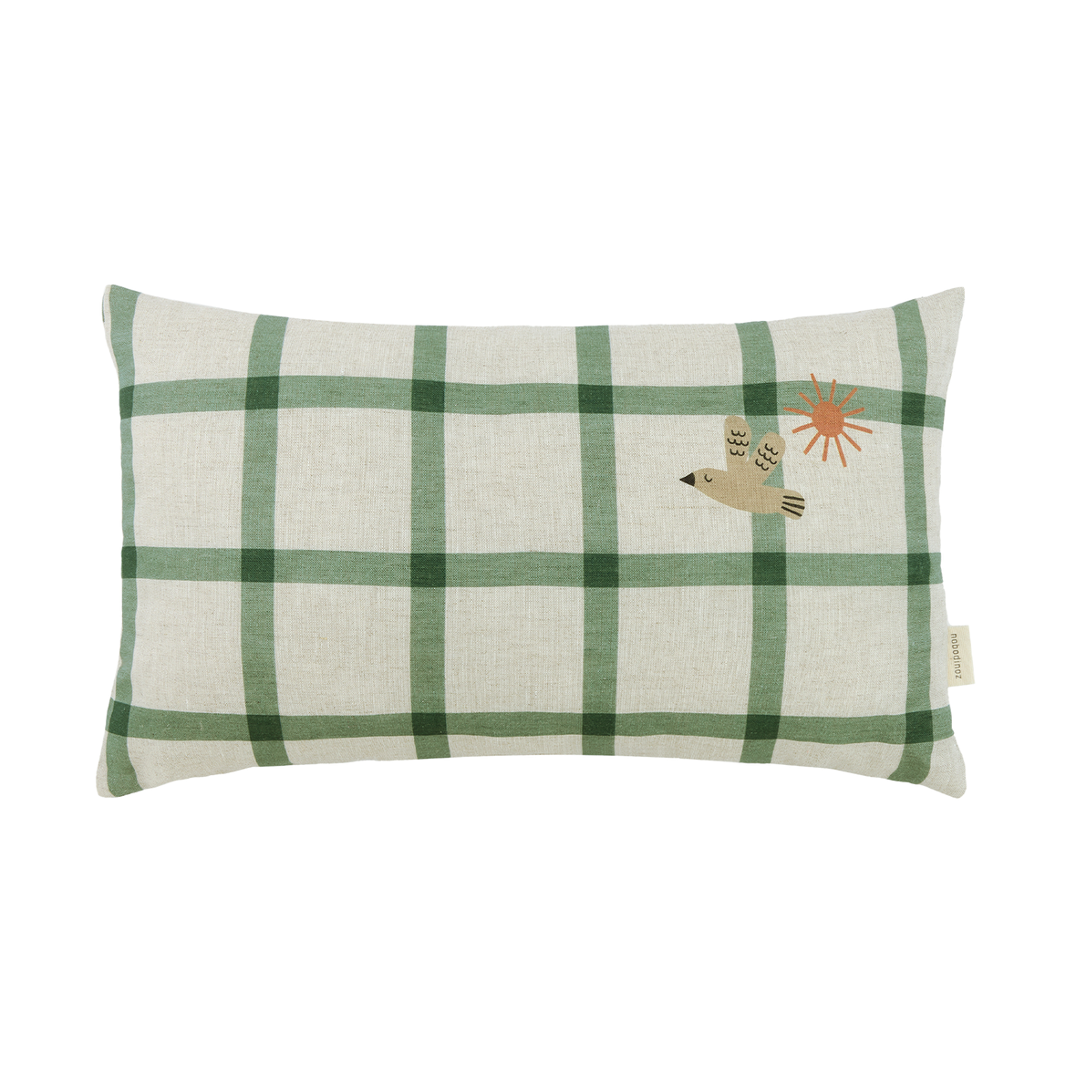 Nobodinoz Green Birds Linen Cushion in a cream and green check.  Displaying a green bird flying under a sun.