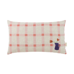 Pink Tulips Linen Cushion by Nobodinoz.  Checkered rectangle cushion with a blue vase in the corner which has 2 pink tulips in.