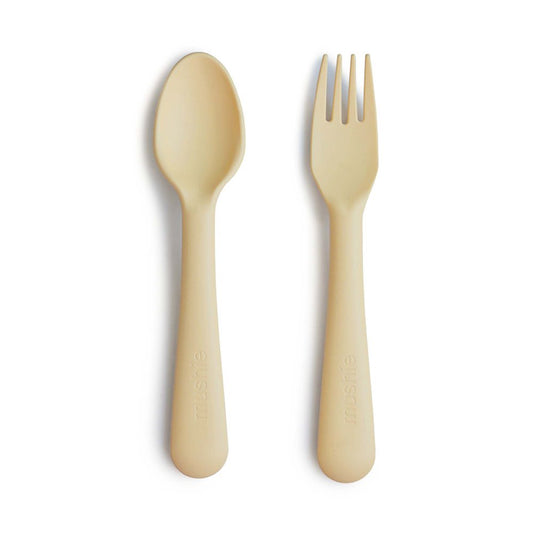 Mushie Spoon and Fork Set in Pale Daffodil