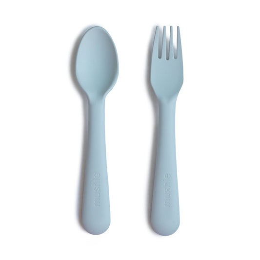 Mushie Spoon and Fork Set in Cambridge Blue