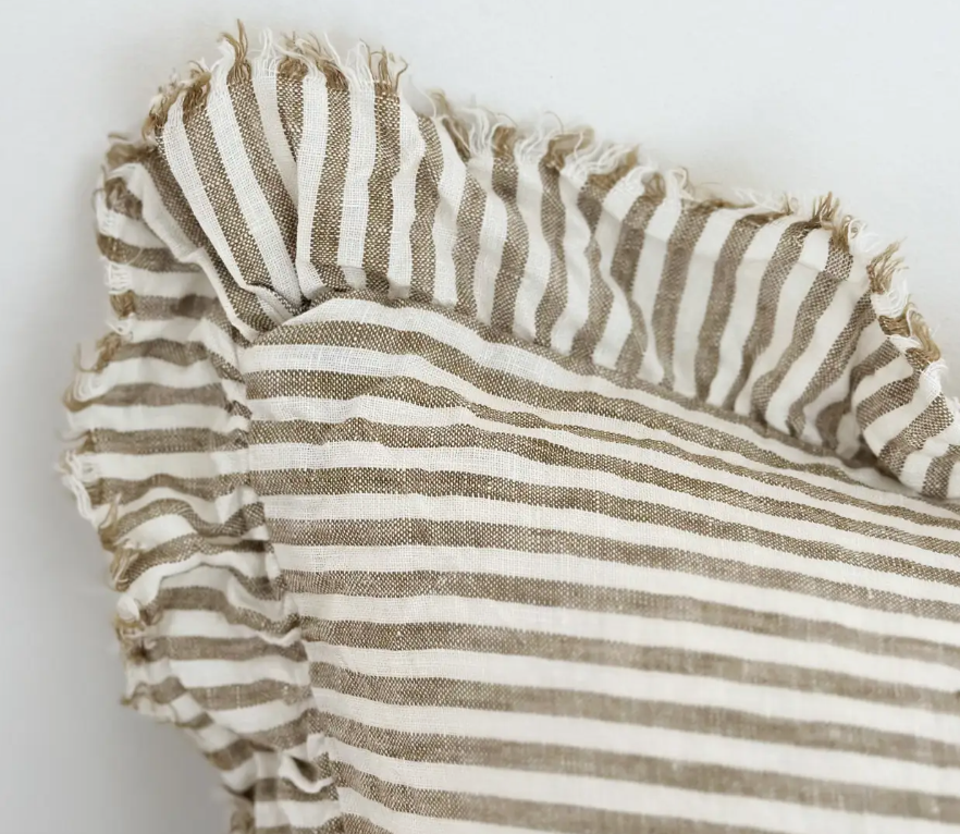 Ellenvale Hallie Ruffled Linen Cushion in Olive Stripe