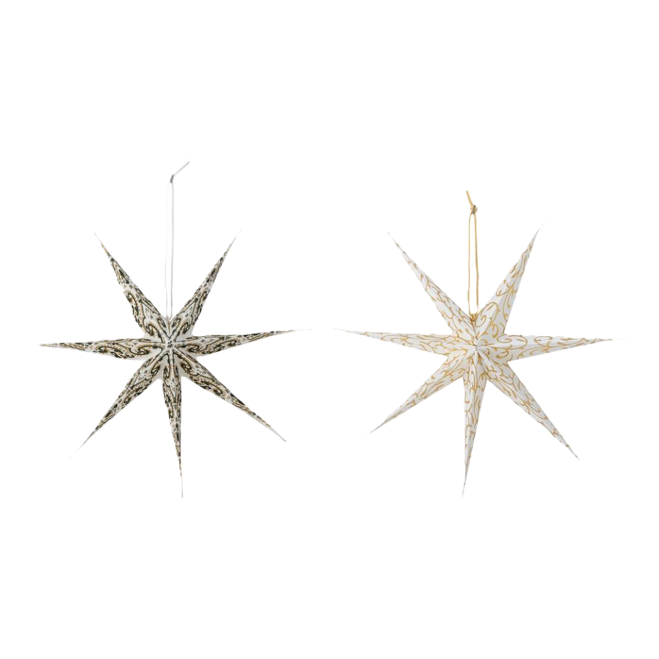 Two white paper Christmas decorations shaped like stars with painted patterns, ready to hang.
