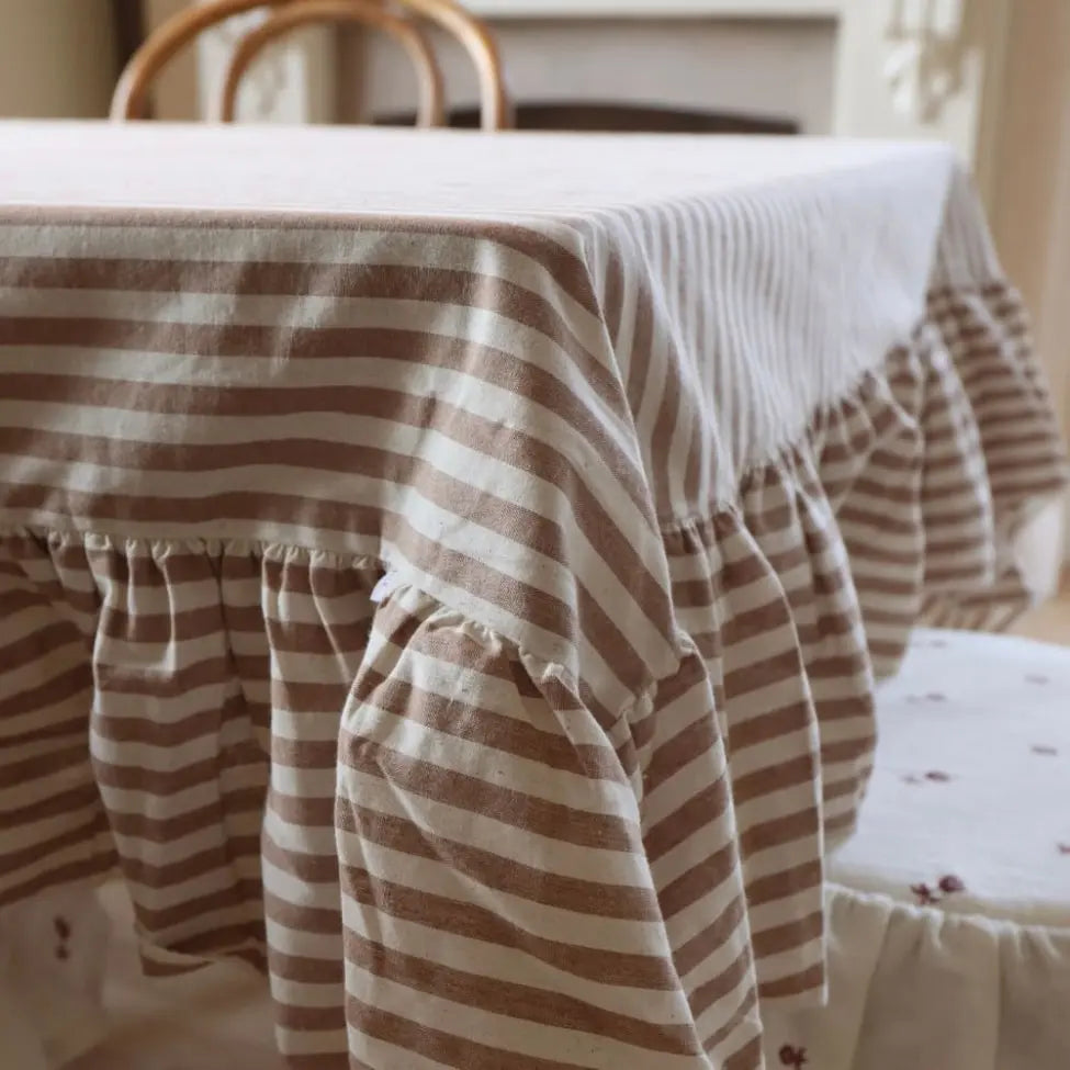 Ellenvale Interiors 100% Cotton Ruffle Tablecloth in Brown Stripe