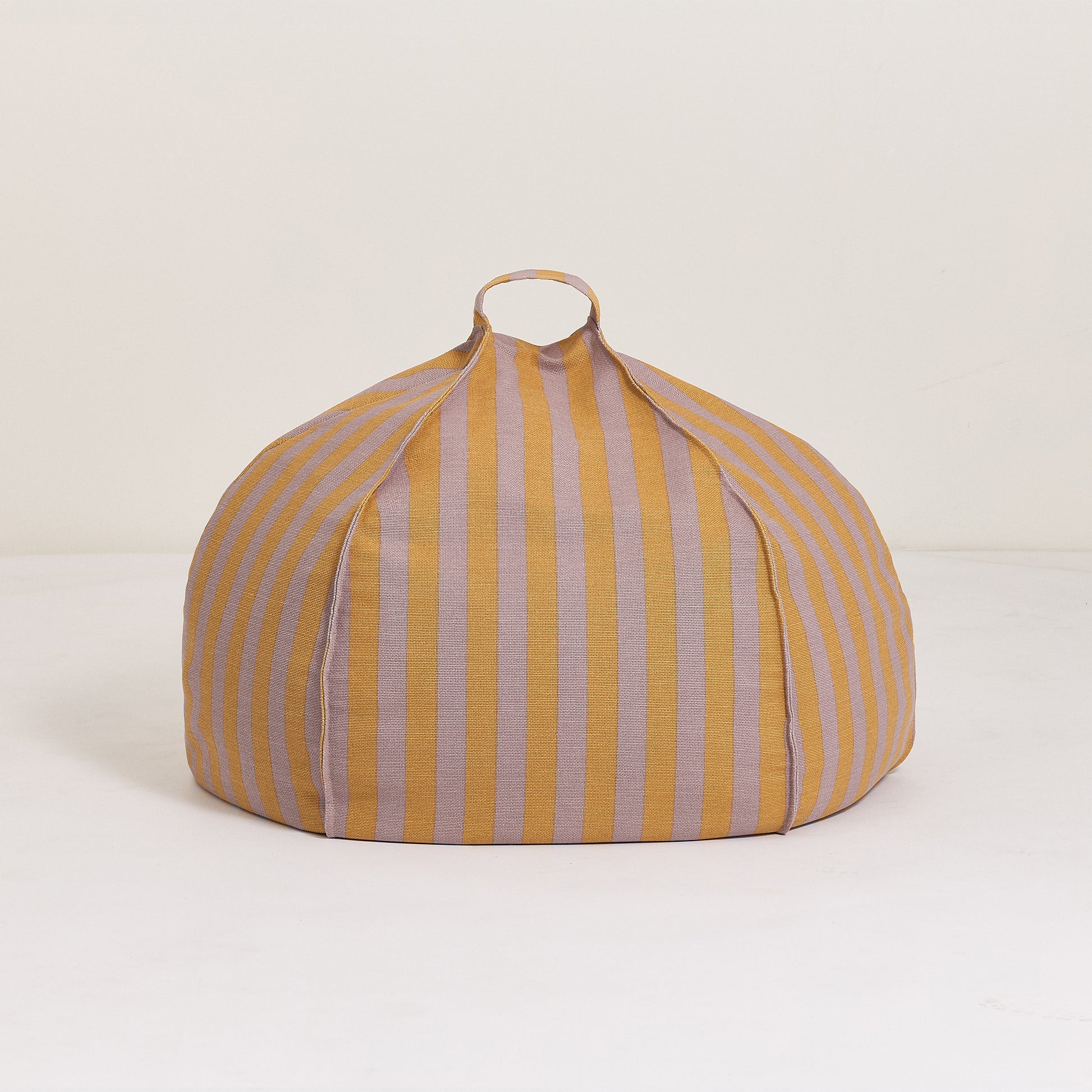 Striped bean bag chair with yellow and purple pattern on a white background