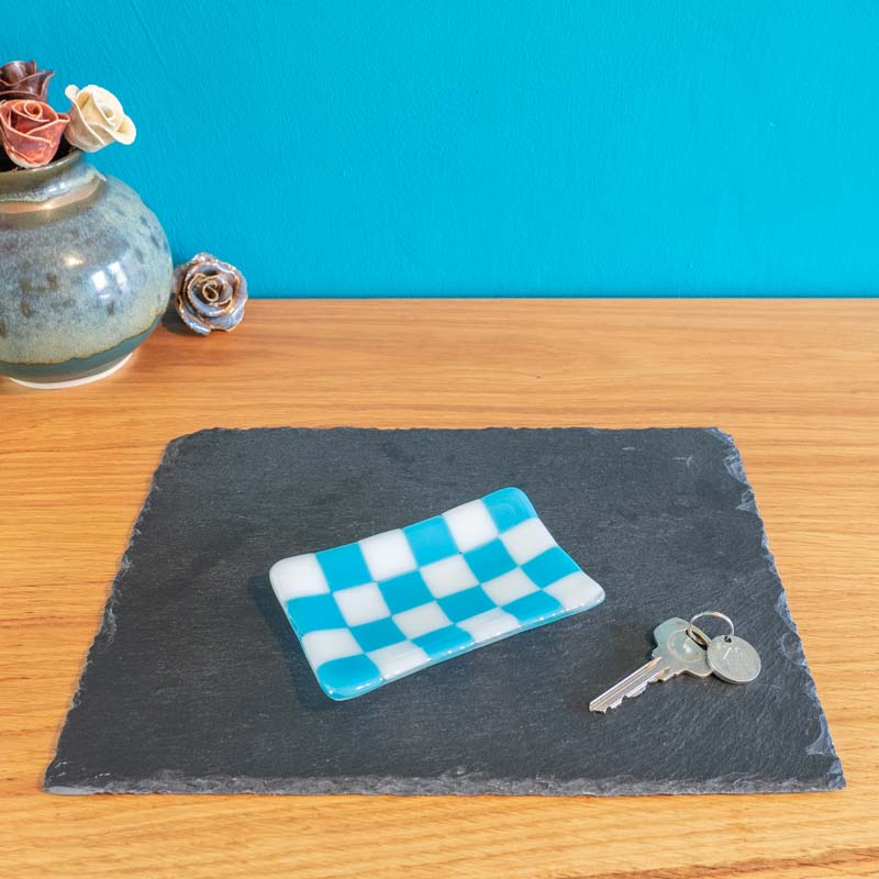 David Perry Chequered White/Colour Small Glass Trinket Dish