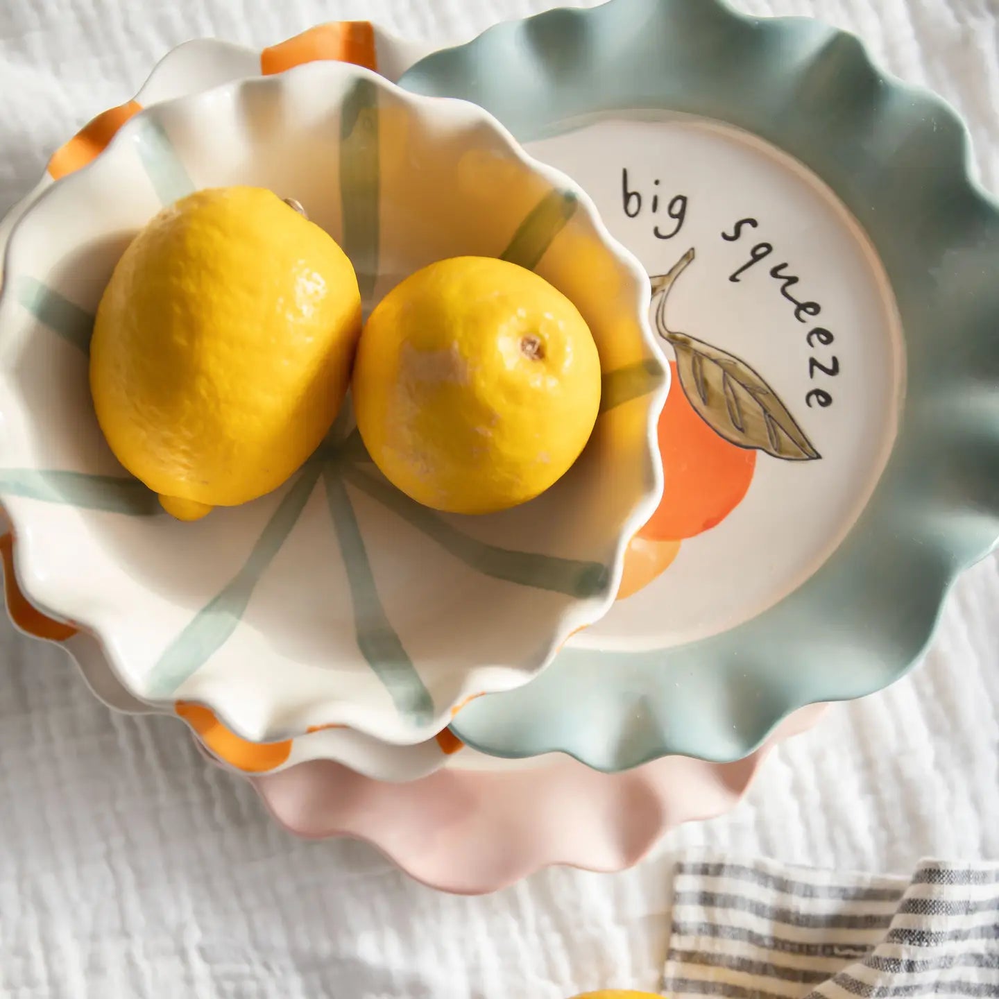 Caroline Gardener Striped Frilly Ceramic Bowl in Orange and Blue