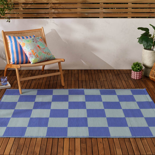 Blue Checkerboard Outdoor 100% Recycled Rug