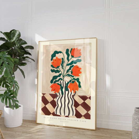 Kate Fox Hand Drawn Vase with Red Flowers Art Print in A3