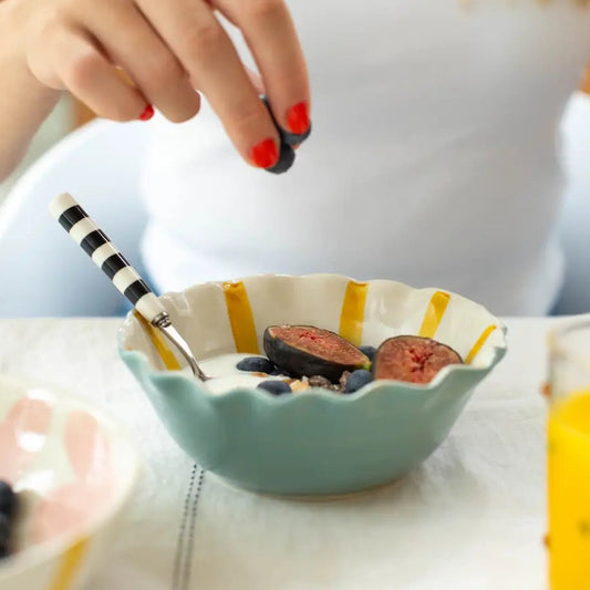 Caroline Gardner Striped Frilly Bowl in Mustard and Egg Shell Blue