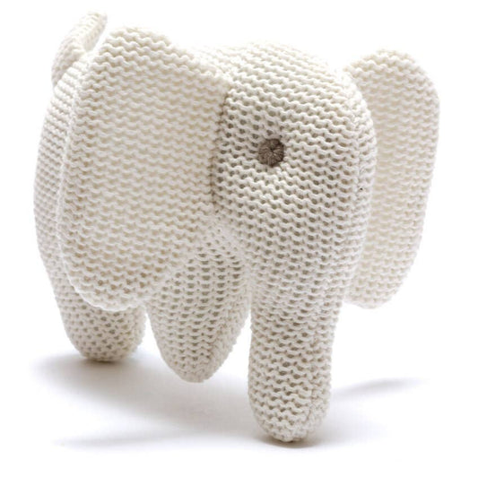 Knitted elephant toy on a white background