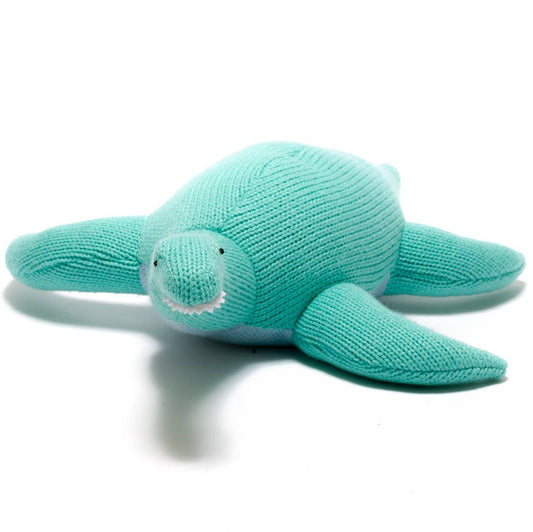 Turquoise knitted turtle toy on a white background