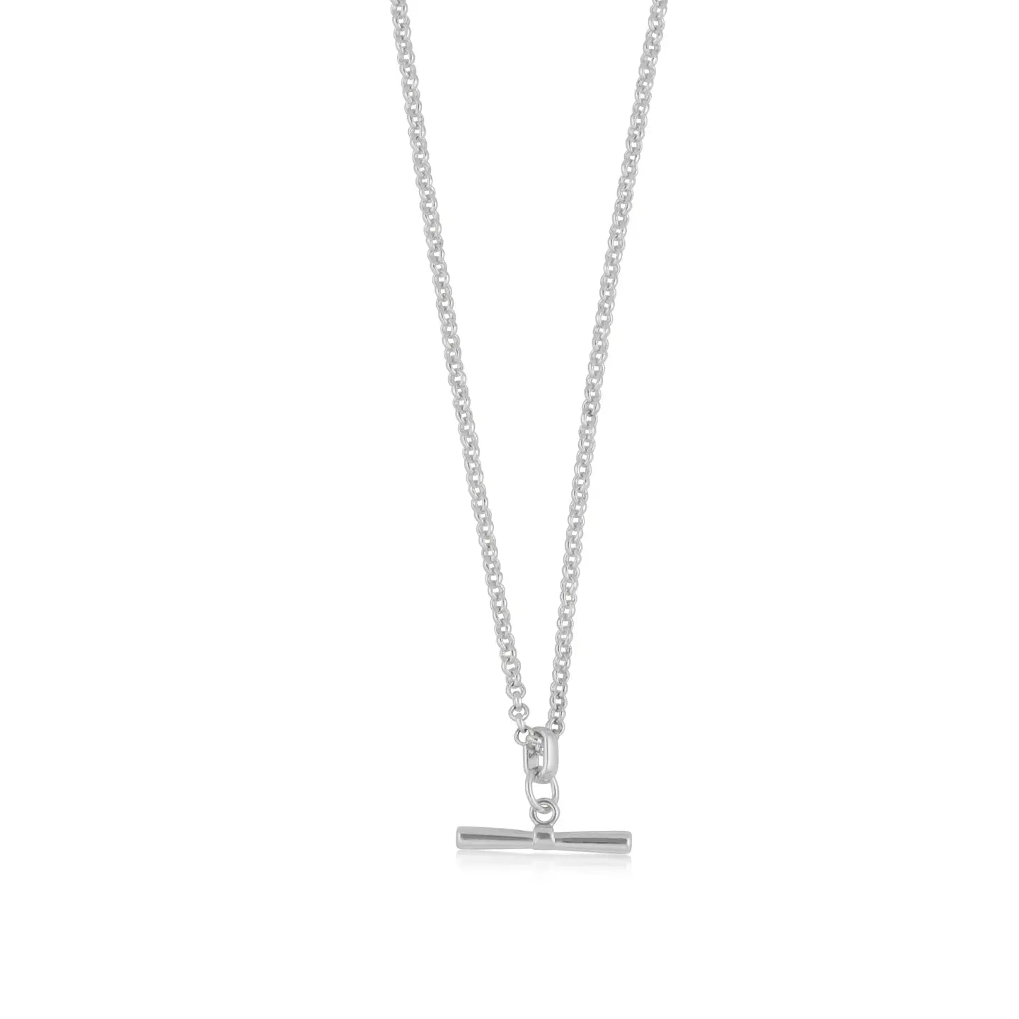 Silver necklace with a bar pendant on a white background