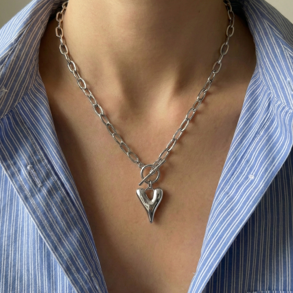Big Metal London Daria Puff Heart Chain Necklace in Silver or Gold