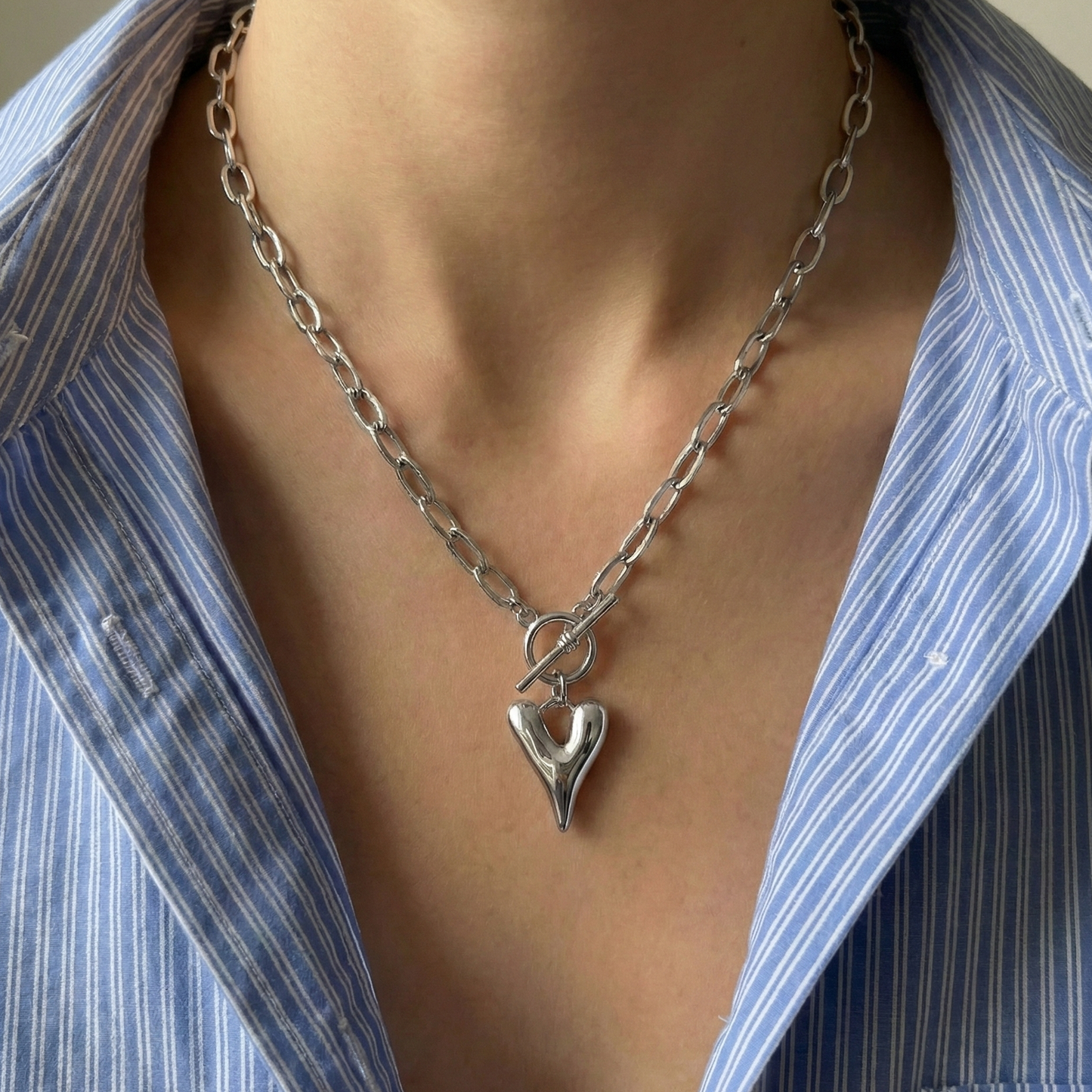 Big Metal London Daria Puff Heart Chain Necklace in Silver or Gold