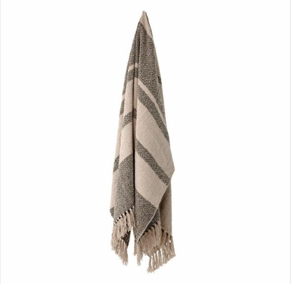 Striped throw with fringes on a white background