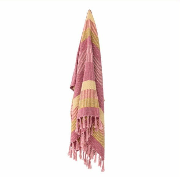 Striped pink and yellow towel with fringes on a white background