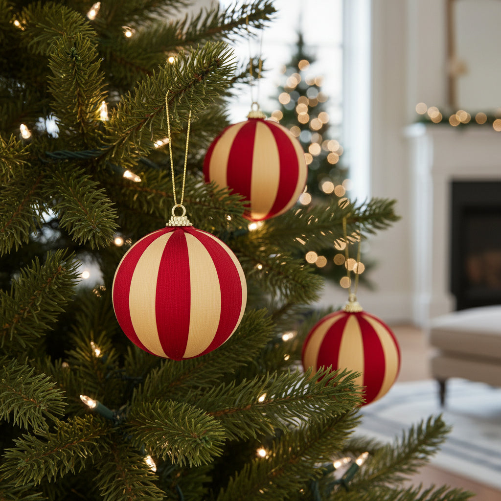Three red and beige striped Christmas ornaments on a white background