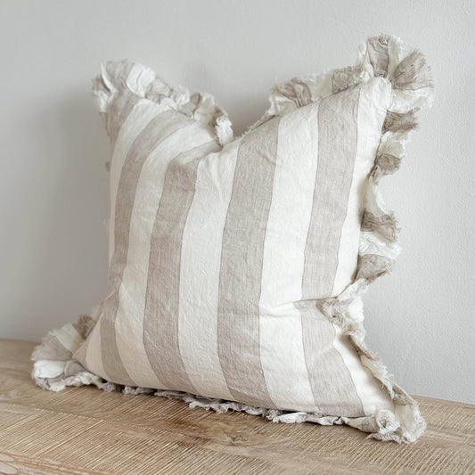 Ellenvale Ruffled Linen Cushion in Beige & Cream Wide Stripe