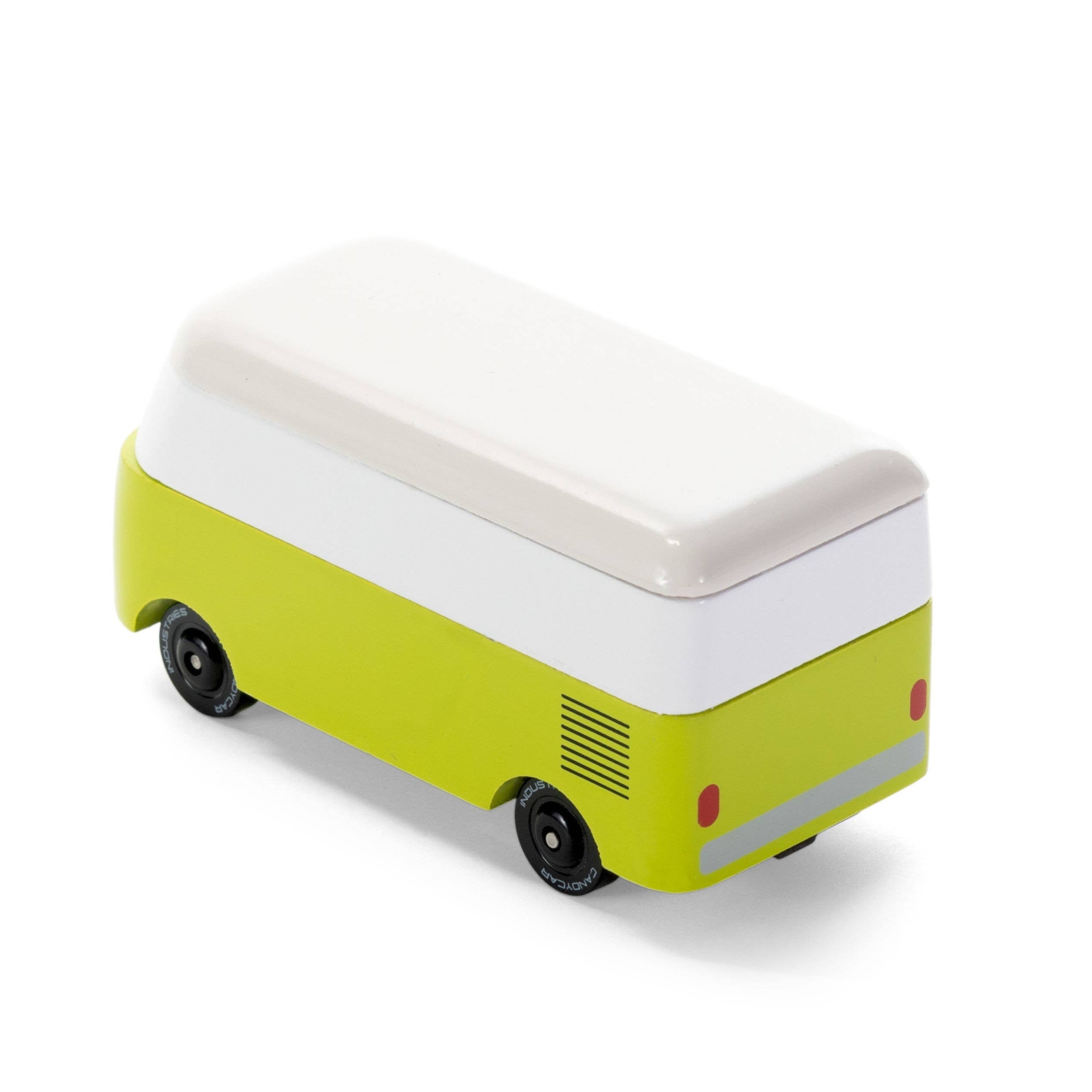 Small green and white vehicle-shaped cooler on a white background