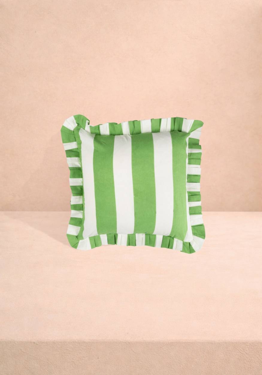 Casa Green Cabana Stripe Ruffled Cushion Cover