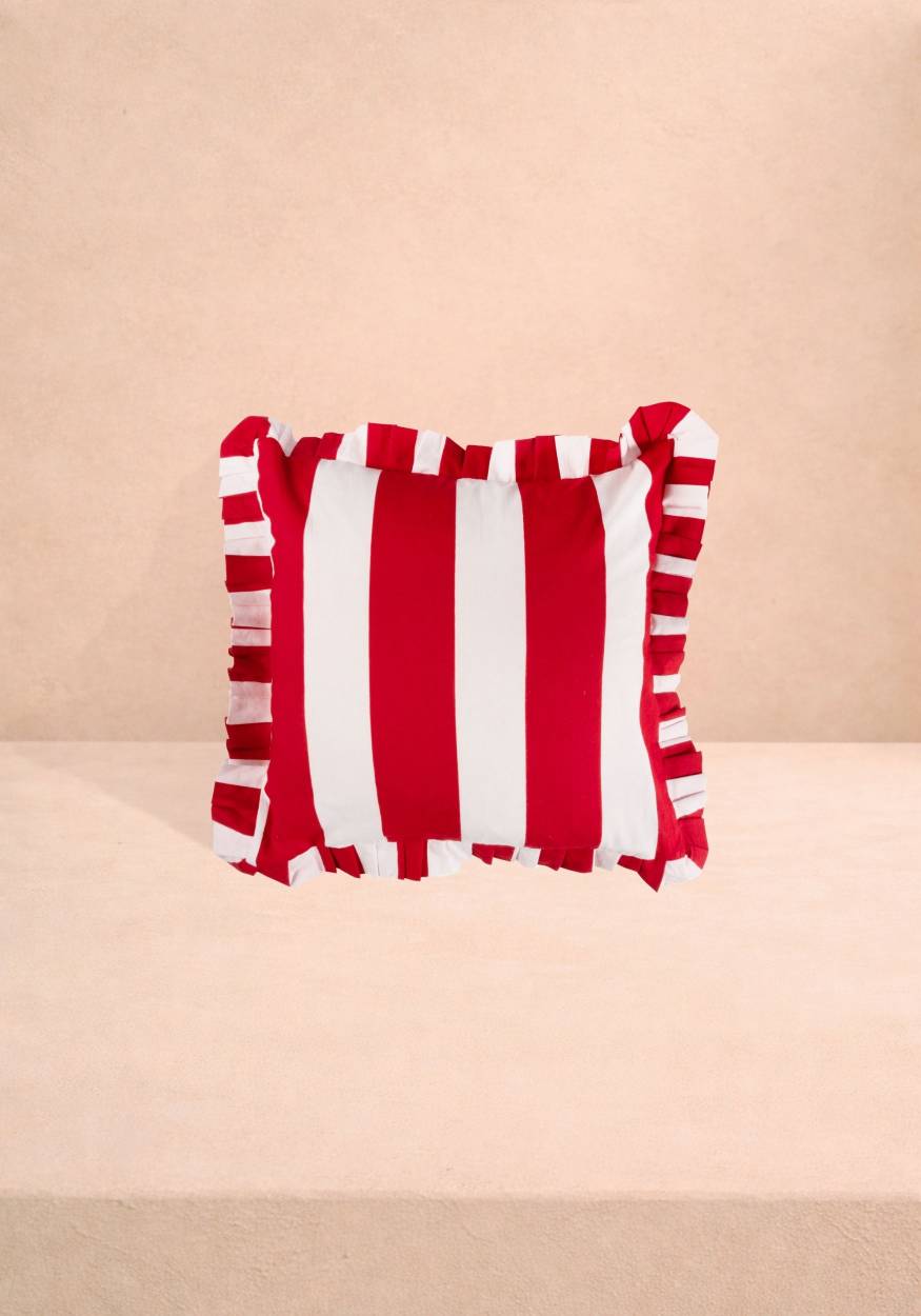 Casa Red Cabana Stripe Ruffled Cushion Cover