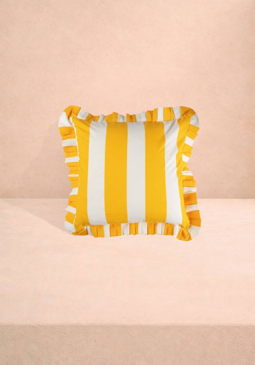 Casa Yellow Cabana Stripe Ruffled Cushion Cover