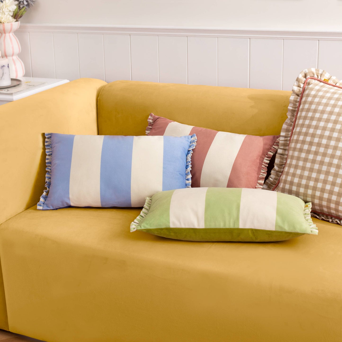 Fern Araya Striped Velvet Cushion Blue & Cream