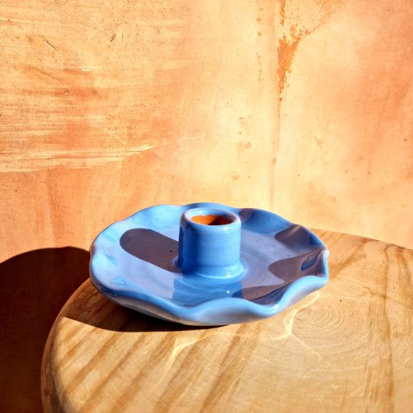 Roca Caus Handmade Ceramic Frilly Blue Candle Holder