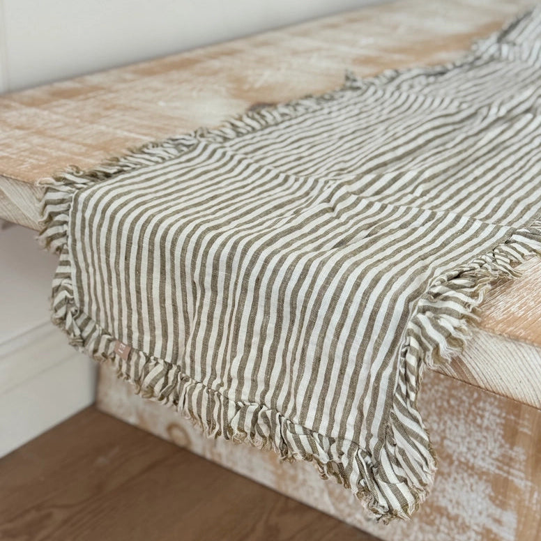 Ellenvale 100% Linen Ruffle Table Runner in Olive Stripe